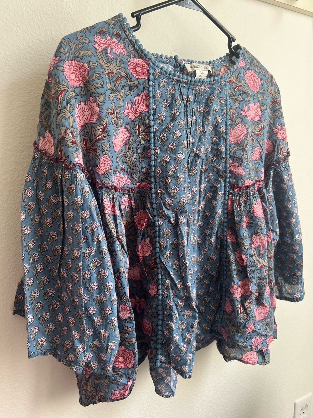 Rachel Zoe Blue Floral Boho Peasant Blouse with Pink Accents